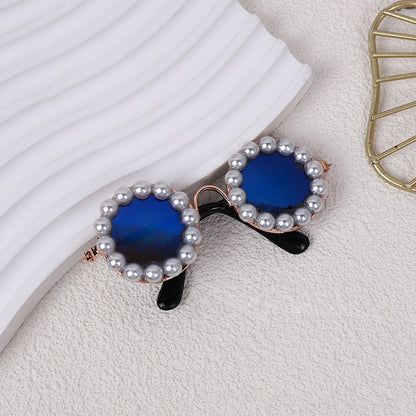 Blue pearl-trimmed round pet sunglasses