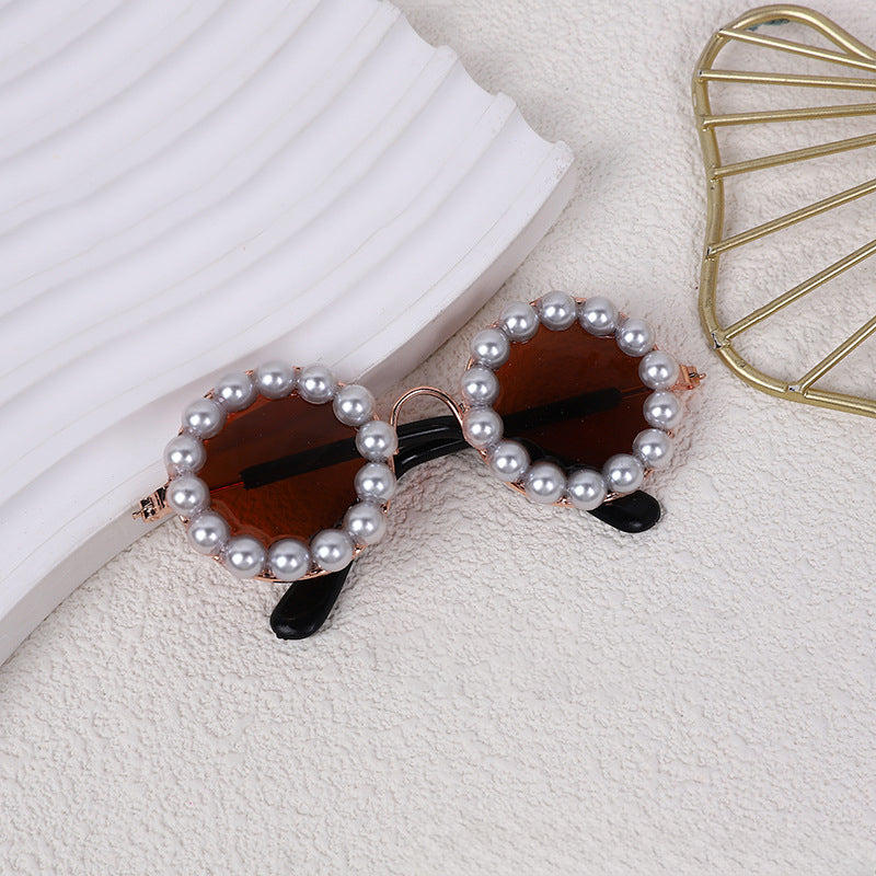 Coffee color pearl-trimmed round pet sunglasses