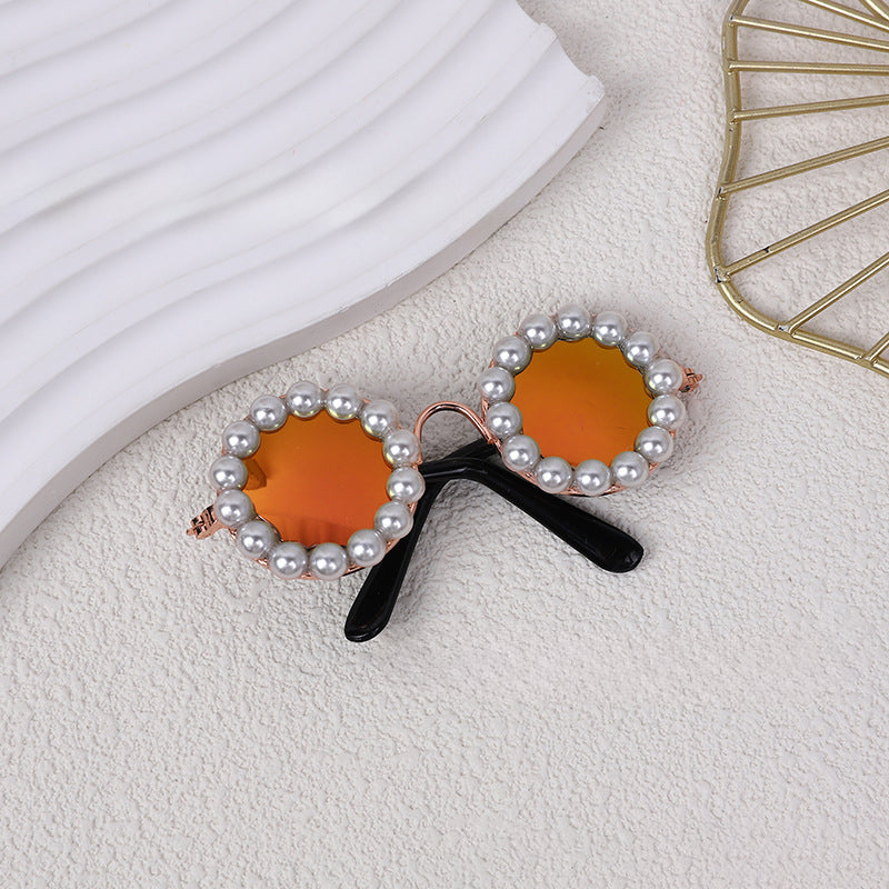 Orange pearl-trimmed round pet sunglasses