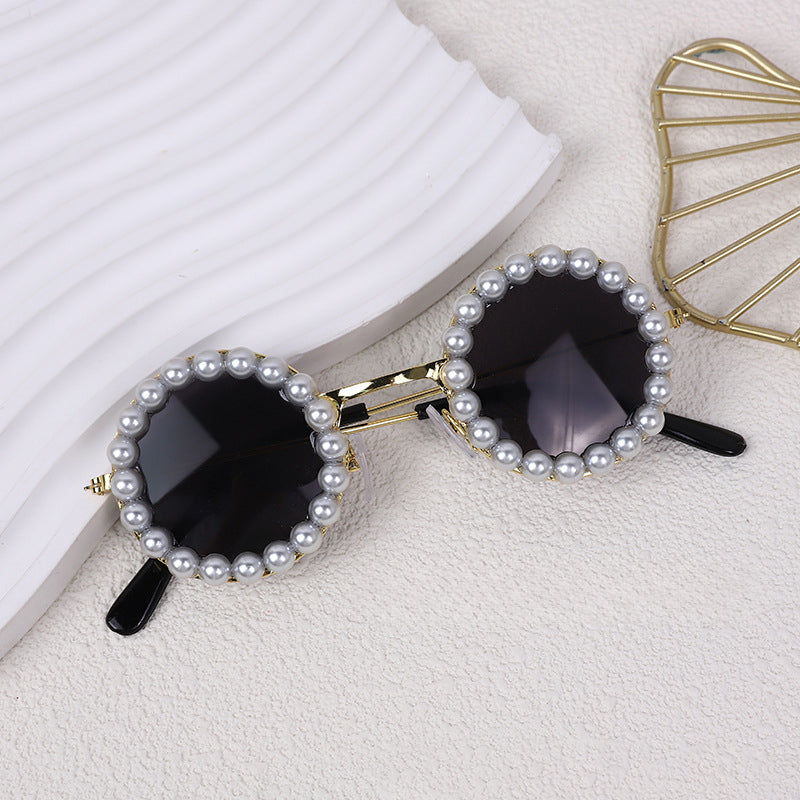 Purple pearl-trimmed round pet sunglasses
