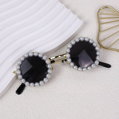 Purple pearl-trimmed round pet sunglasses