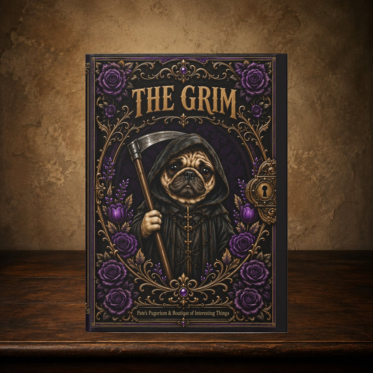 The Grim journal on the antique table; approved cover preserved, placement matches The Grim