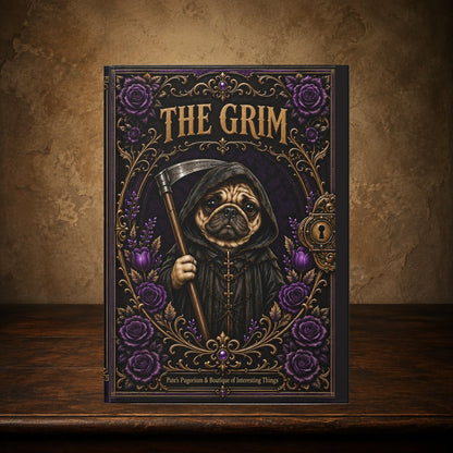 The Grim journal on the antique table; approved cover preserved, placement matches The Grim