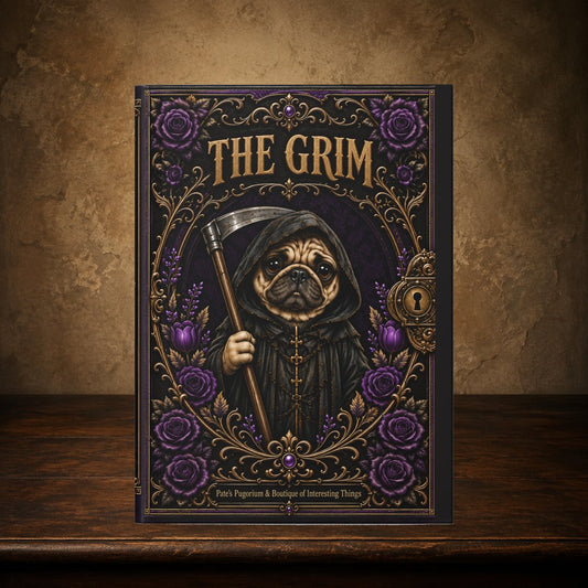 The Grim journal on the antique table; approved cover preserved, placement matches The Grim