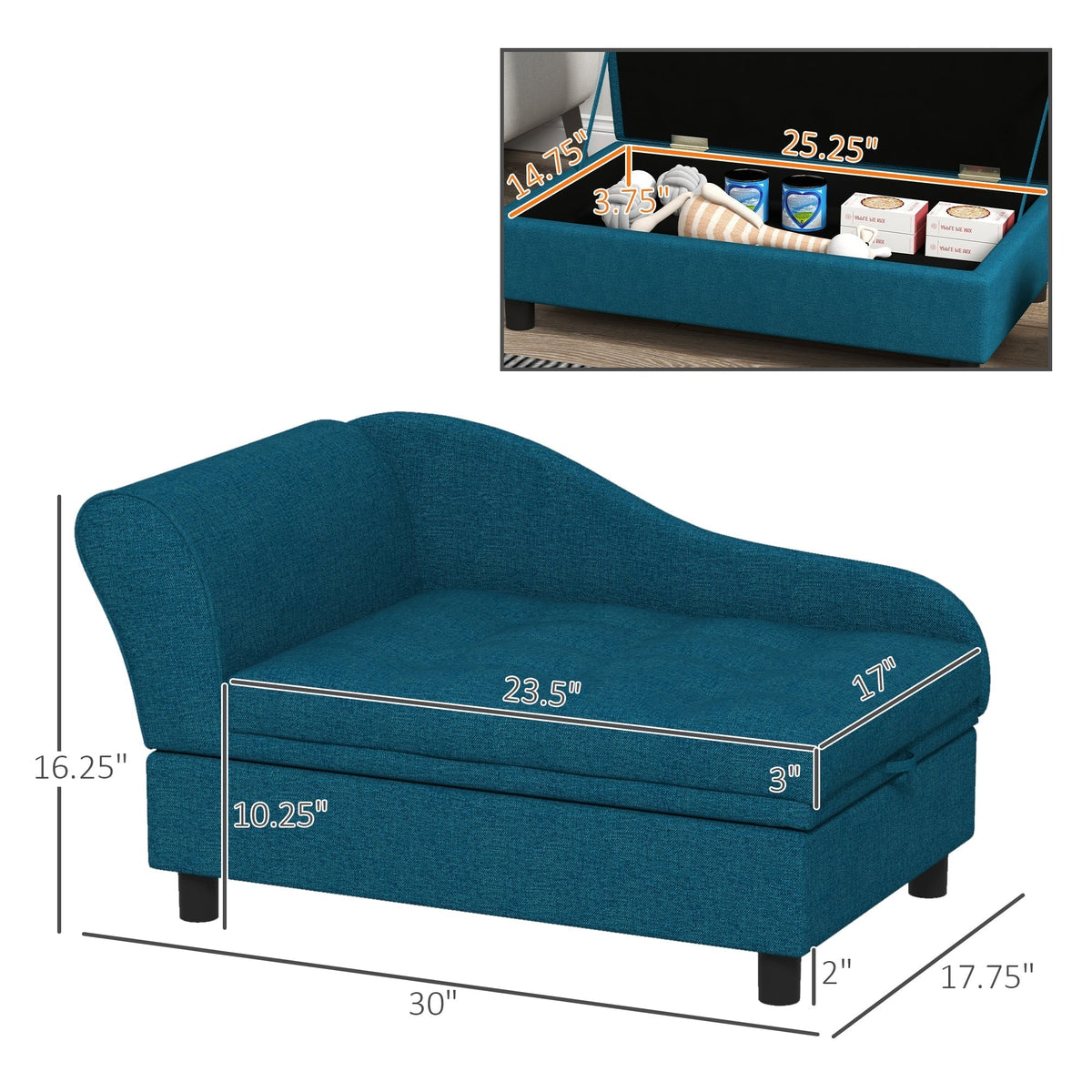 Blue Modern Drawing-Room Divan dimensions and storage measurements