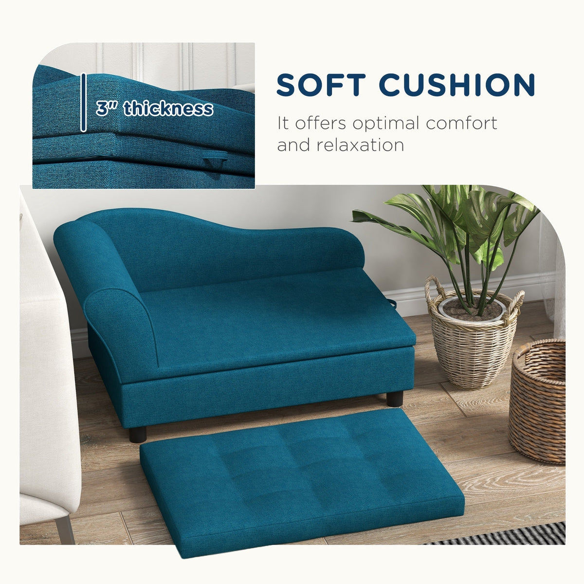 Three-inch cushion and removable seat detail on the blue Modern Drawing-Room Divan