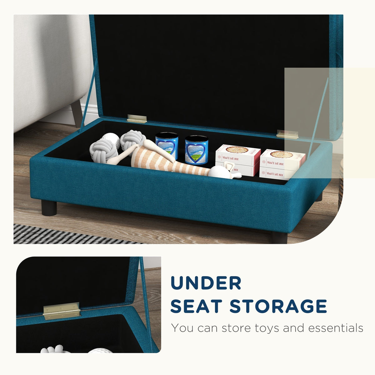 Hidden under-seat storage compartment in the blue Modern Drawing-Room Divan