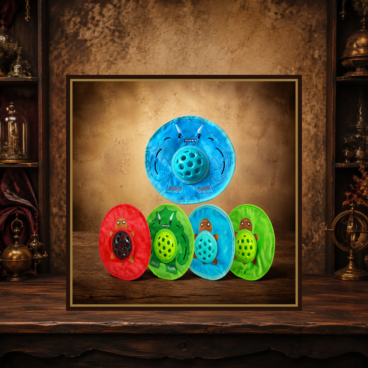 The Little Monster Disc — Crinkle & Squeak Toy on a vintage Pugorium backdrop