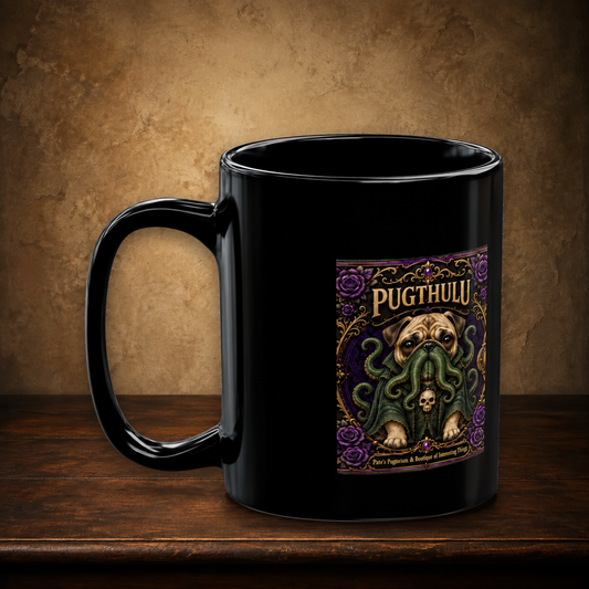 Pugthulu 15 oz black mug resting on a walnut tabletop against an antique plaster wall