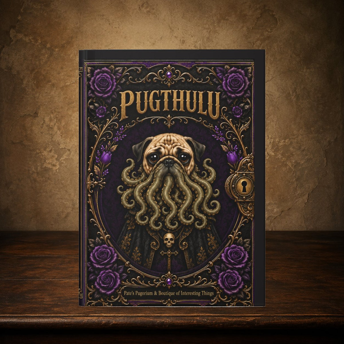 Pugthulu journal on the antique table; approved cover preserved, placement matches The Grim
