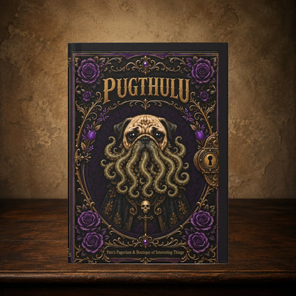 Pugthulu journal on the antique table; approved cover preserved, placement matches The Grim