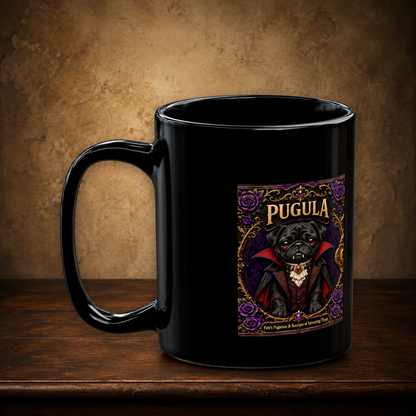 Pugula 15 oz black mug resting on a walnut tabletop against an antique plaster wall
