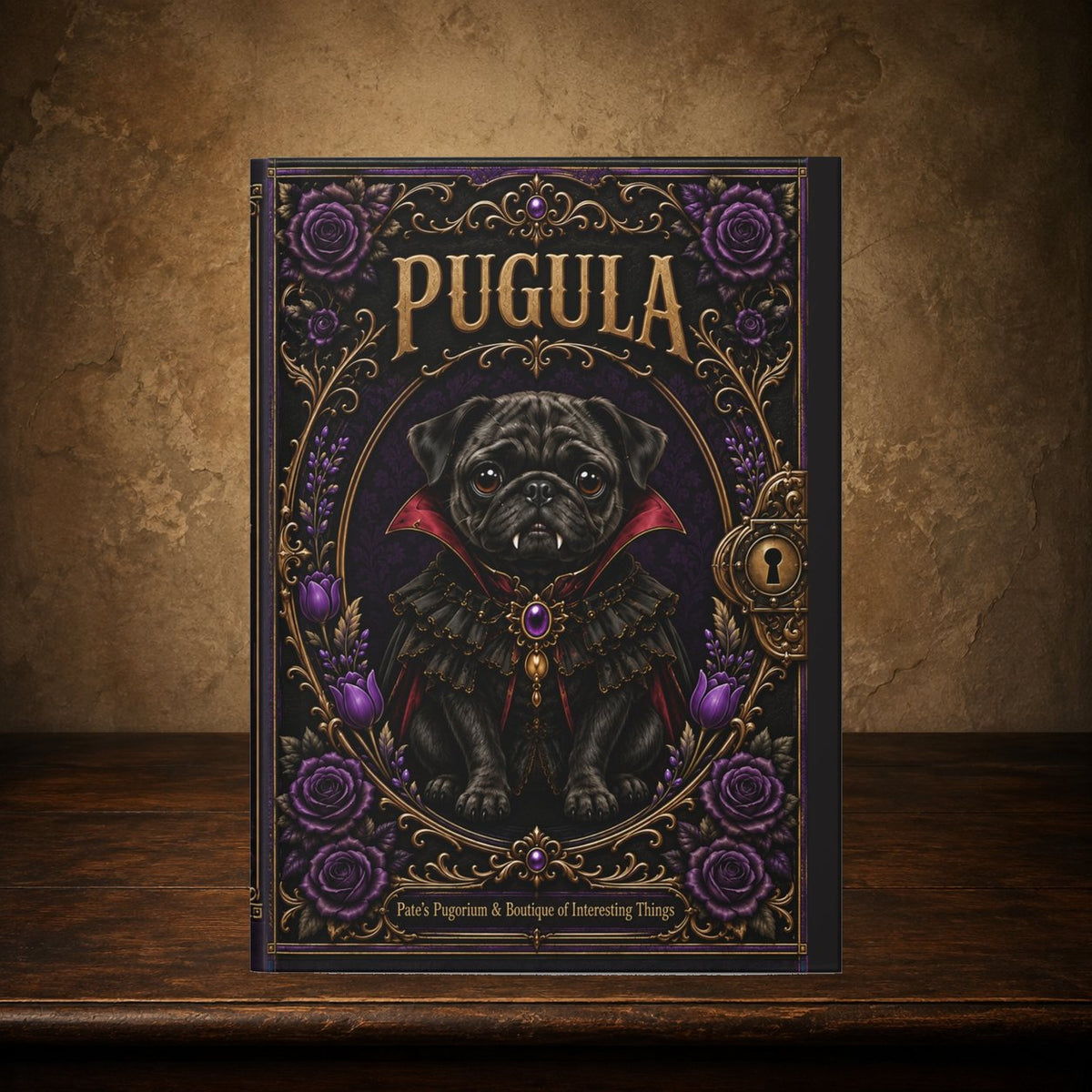 Pugula journal on the antique table; approved cover preserved, placement matches The Grim