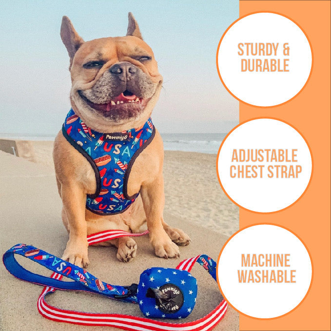 Reversible harness adjustable strap and washable construction features