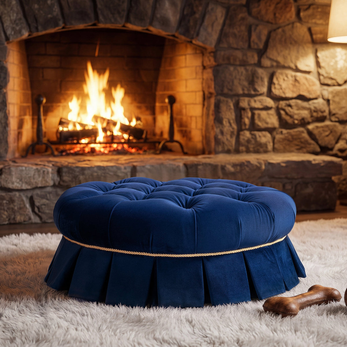 Royal-blue velvet Roquefort Tuffet beside a stone fireplace