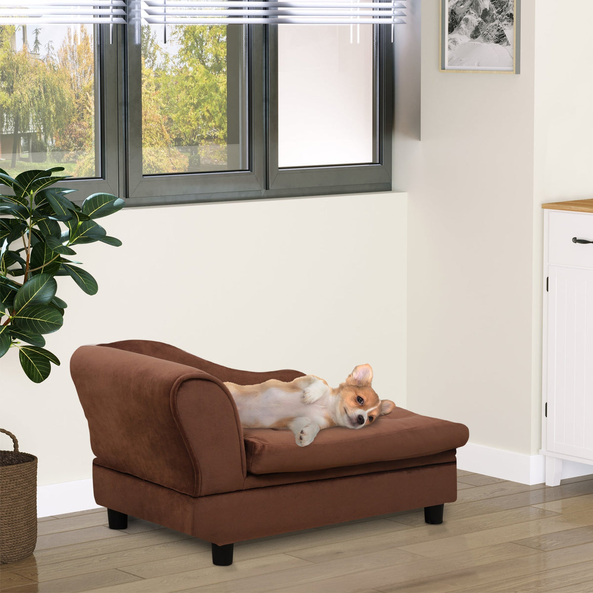 Small dog resting on the brown storage pet settee in a room
