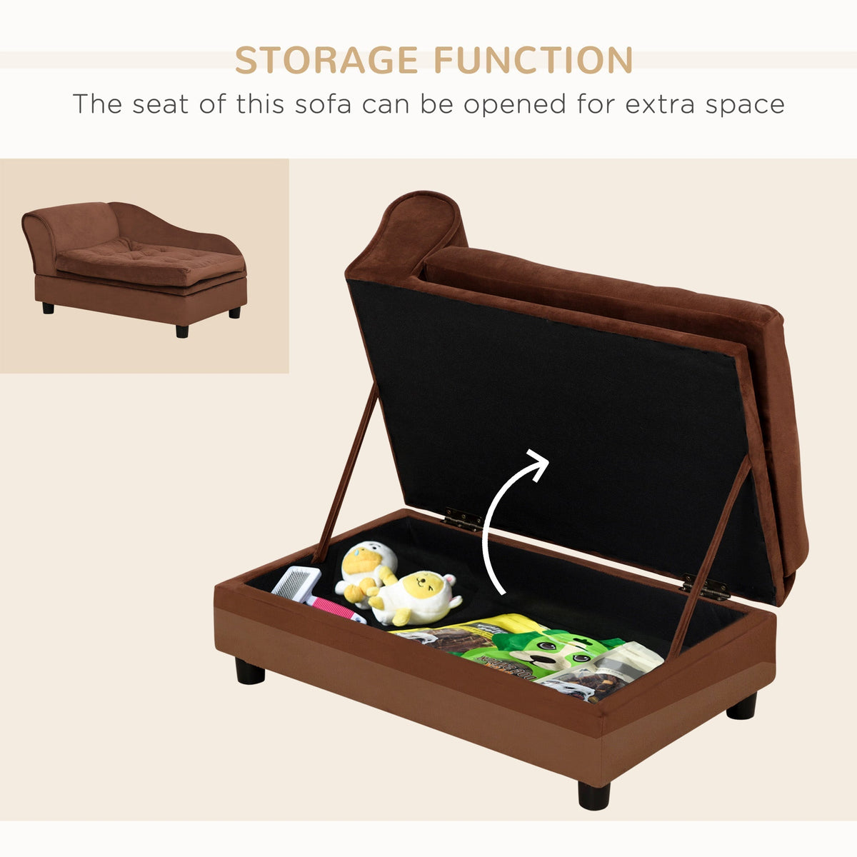 Secret Compartment Settee open to show hidden toy storage