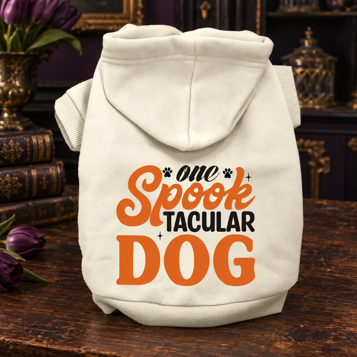 The Spooktacular dog hoodie on a vintage Pugorium background