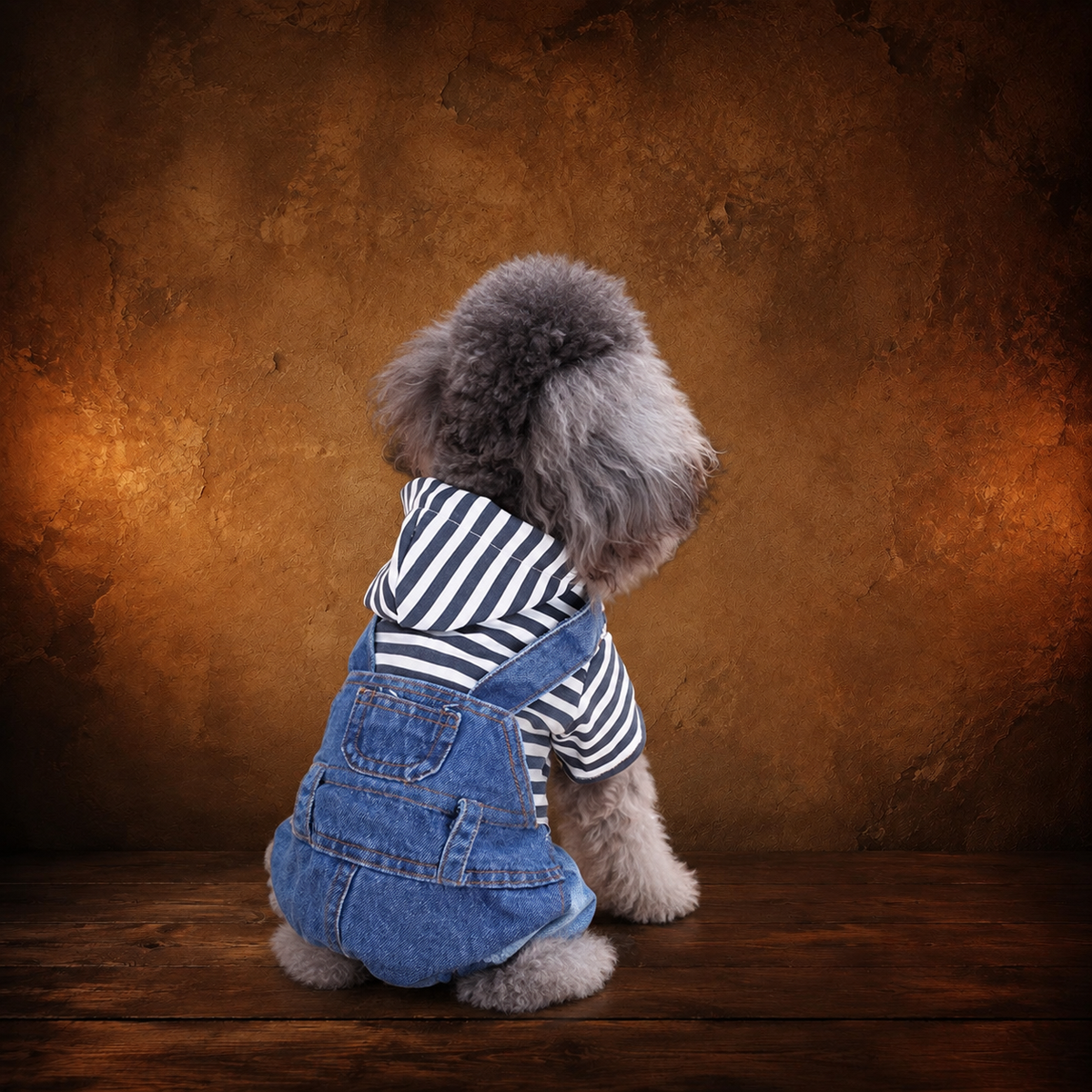 The Striped Drawing-Room Trousers on a fully visible seated dog on an antique Pate’s Pugorium backdrop
