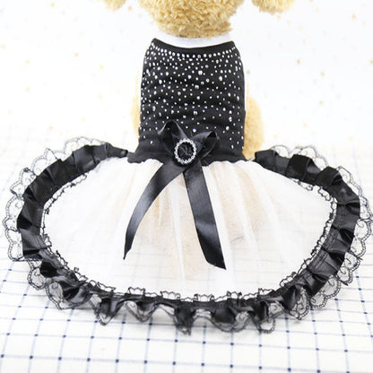 Black-and-white tulle pet dress shown from the back