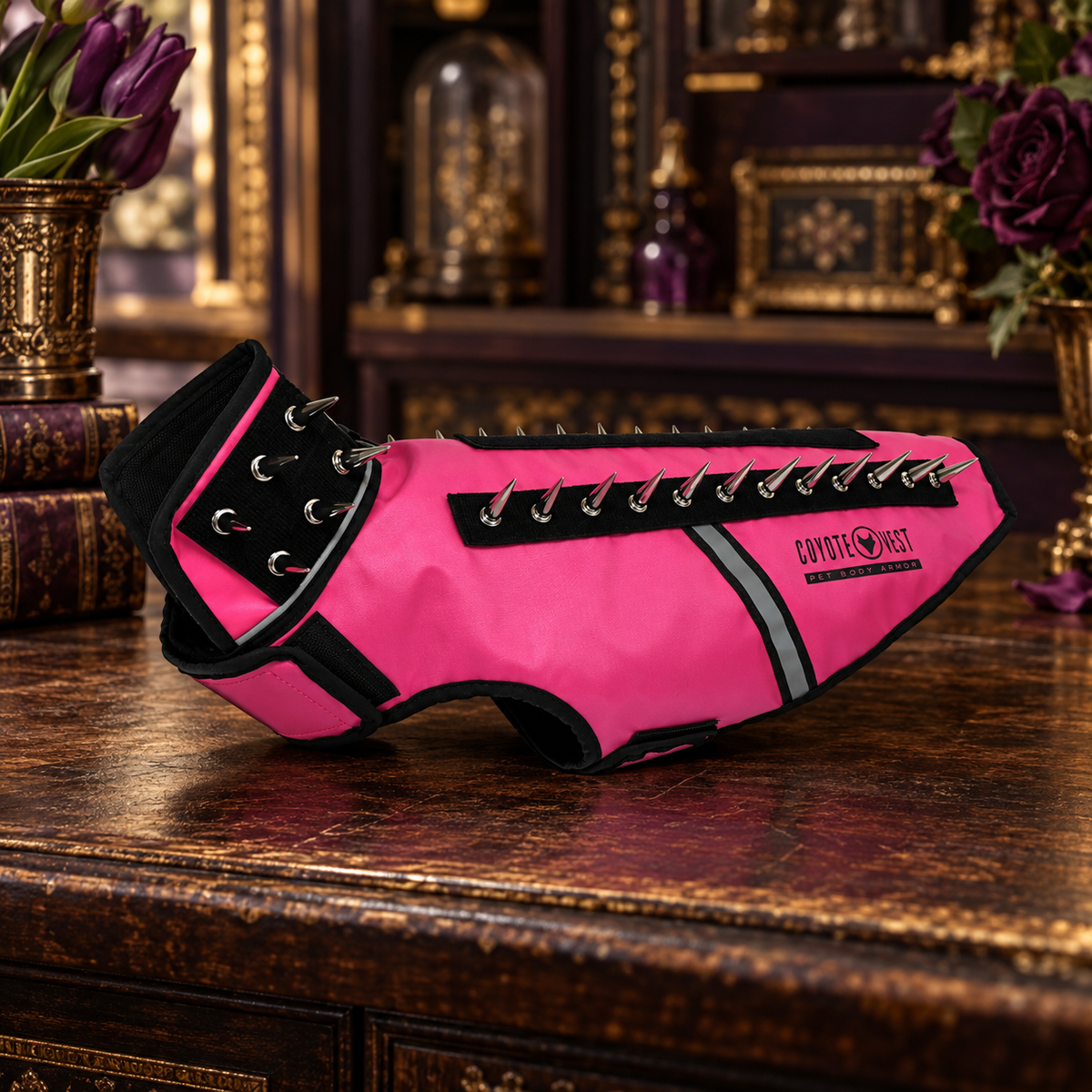 The Armored Familiar protective dog vest on a vintage Pugorium background
