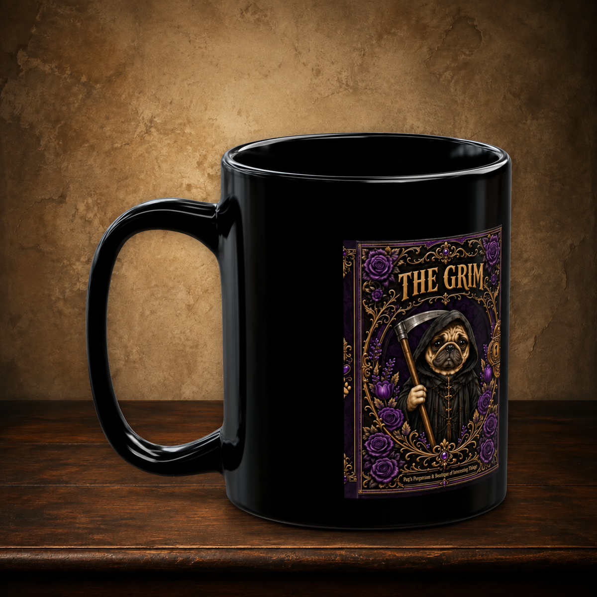The Grim 15 oz black mug resting on a walnut tabletop against an antique plaster wall