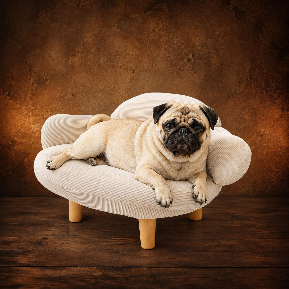 Pug resting on a cream sofa supported on a wooden floor