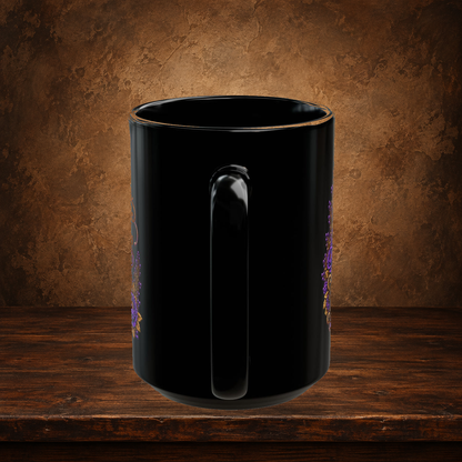 Veronica — Purple Stay Curious Black Mug, 15oz