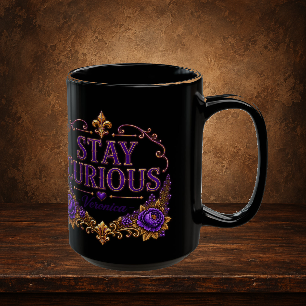 Veronica — Purple Stay Curious Black Mug, 15oz
