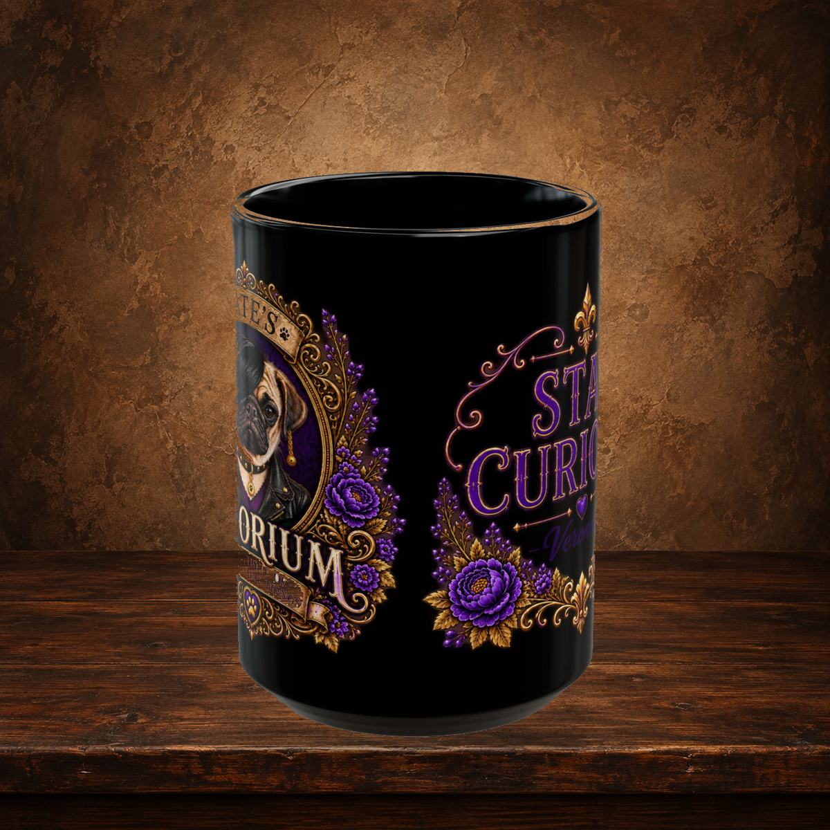 Veronica — Purple Stay Curious Black Mug, 15oz
