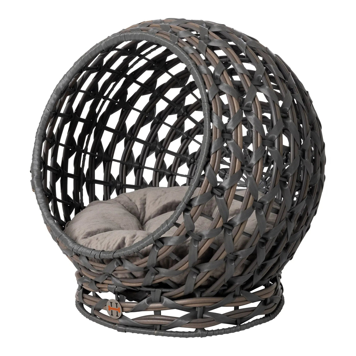 Front three-quarter view of the charcoal woven Wicker Observatory Bed and gray cushion