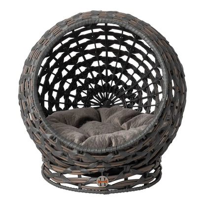 Straight-on view of the open hemisphere pet bed and tufted cushion