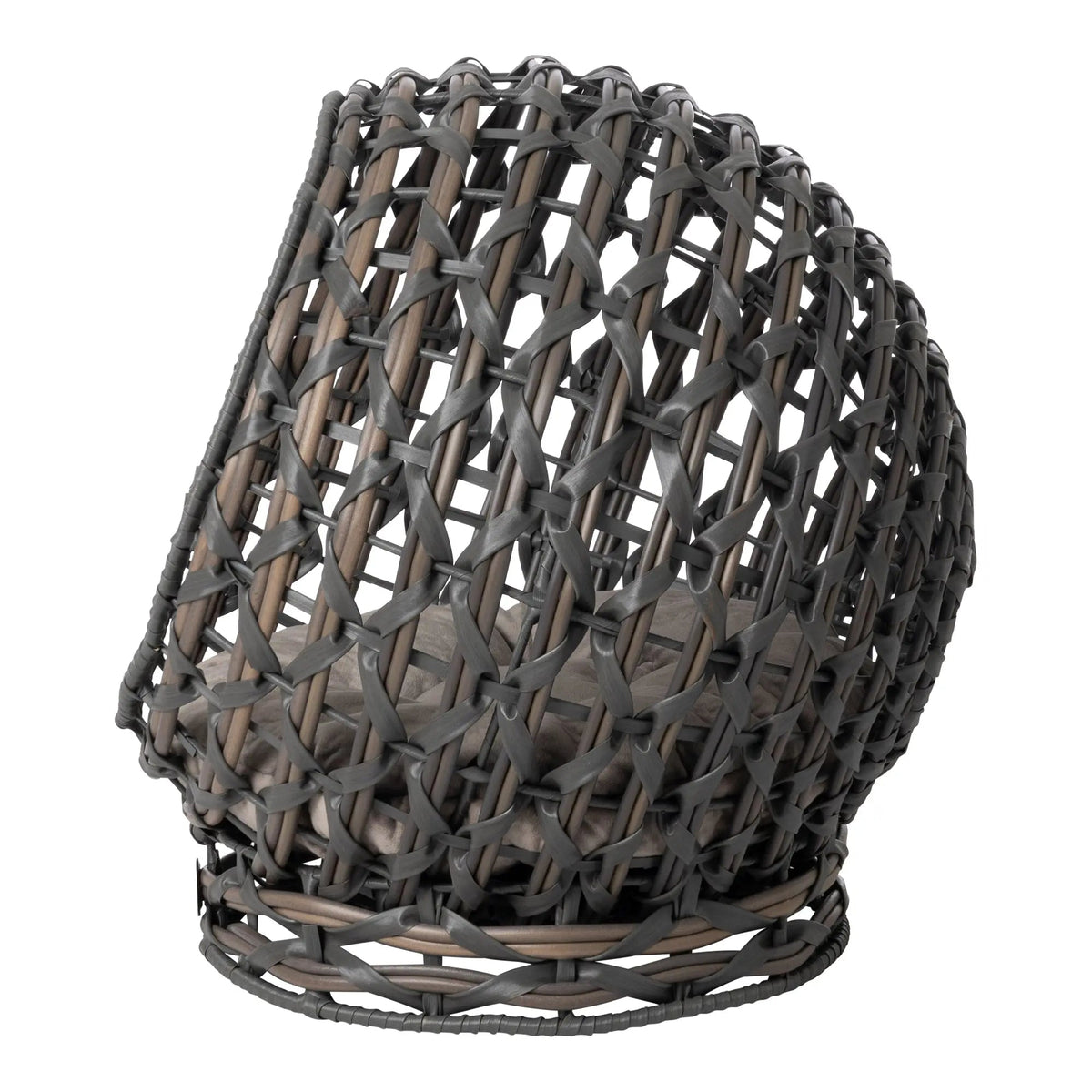 Side view showing the woven hemisphere shell and low ring base
