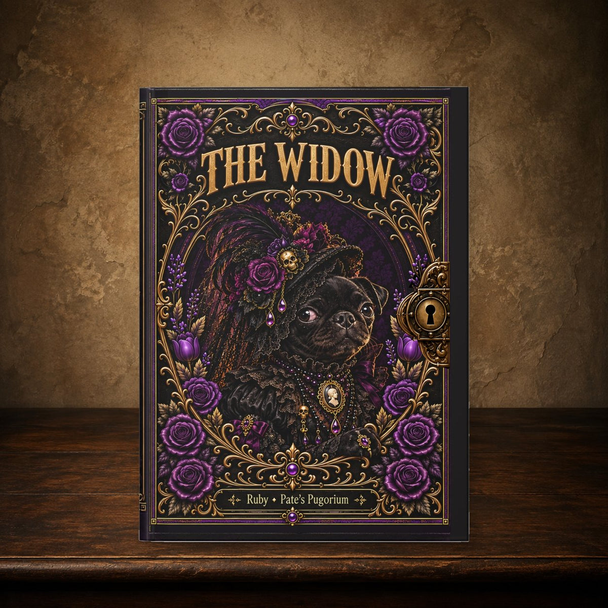 The Widow journal on the antique table; approved cover preserved, placement matches The Grim