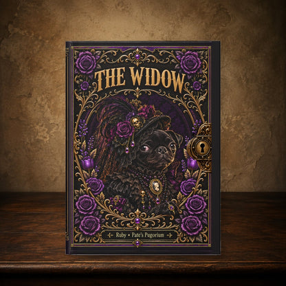 The Widow journal on the antique table; approved cover preserved, placement matches The Grim