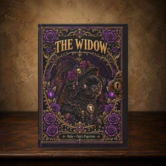 The Widow journal on the antique table; approved cover preserved, placement matches The Grim